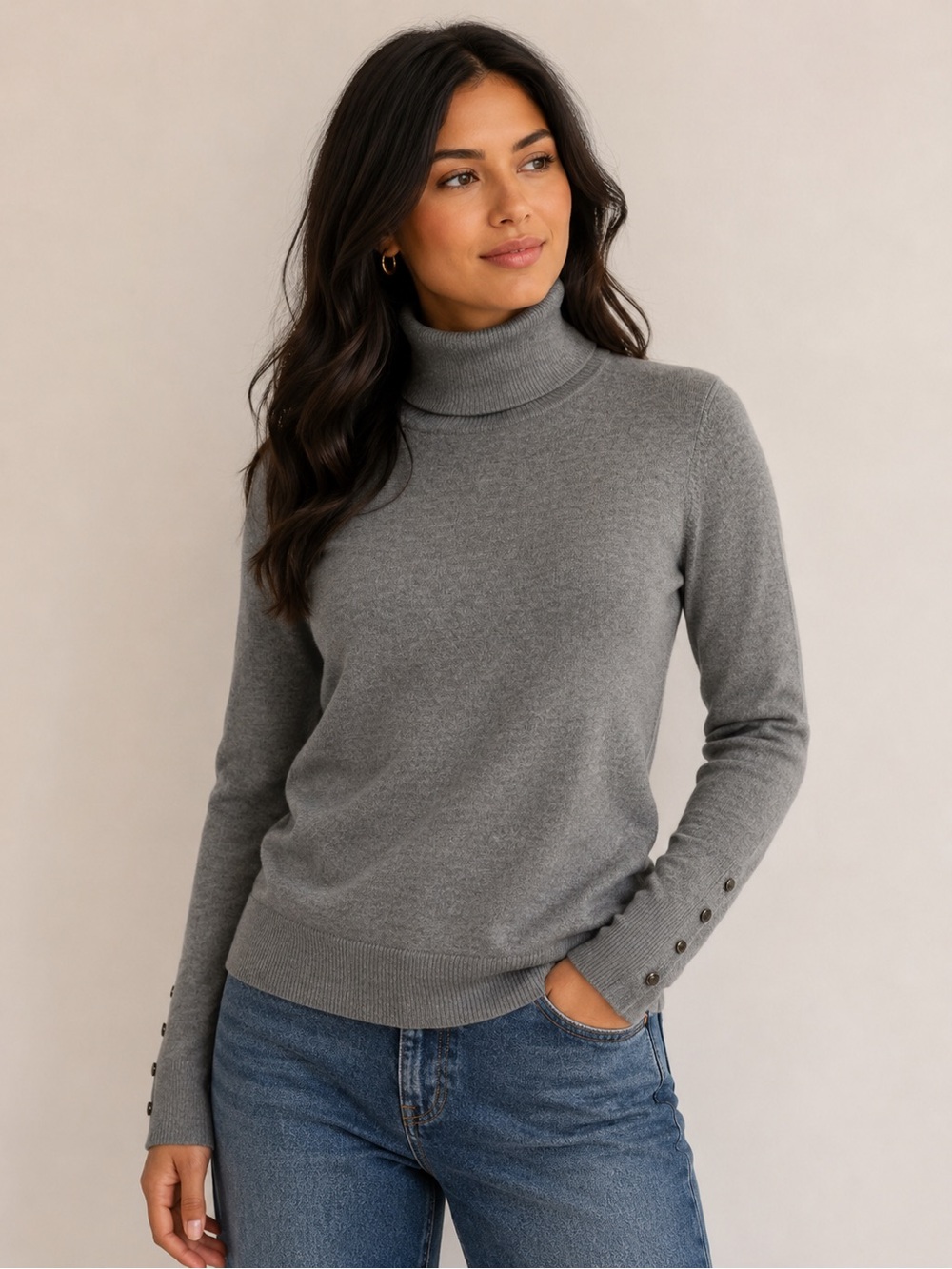 Josephs Gray Merino Wool Turtleneck Sweater Button Cuff Knit Pullover